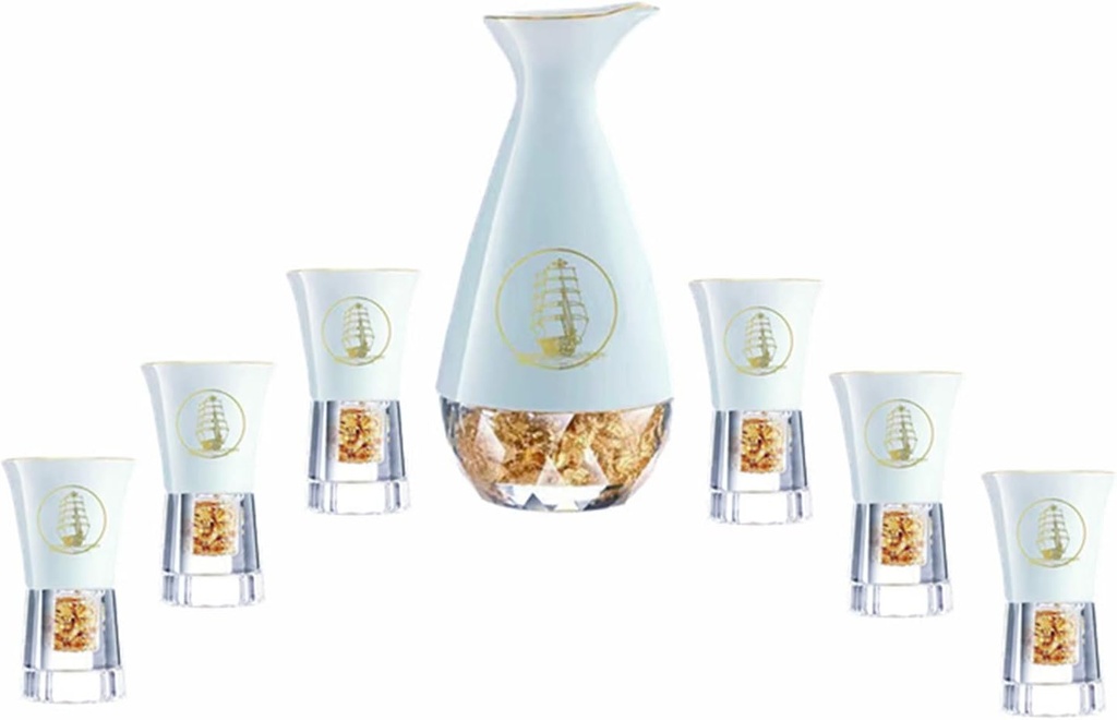 Sake Cup Set*7 Pieces Sake Set, Cyan Ceramic Gold Foil Ceramics Sake Cup Set, with 6 Sake Cups and 1 Sake Pot, Elegant Design Best Gift for Family and Friends Mugs, Onecolor