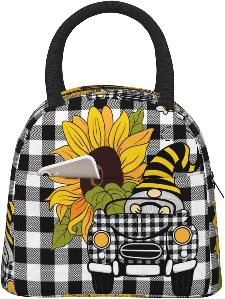 Funny Summer Gnome Driving Car and Sunflower Lunch Bag Box Meal Prep Insulated Handbag Reusable Lunch Container