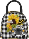 Funny Summer Gnome Driving Car and Sunflower Lunch Bag Box Meal Prep Insulated Handbag Reusable Lunch Container