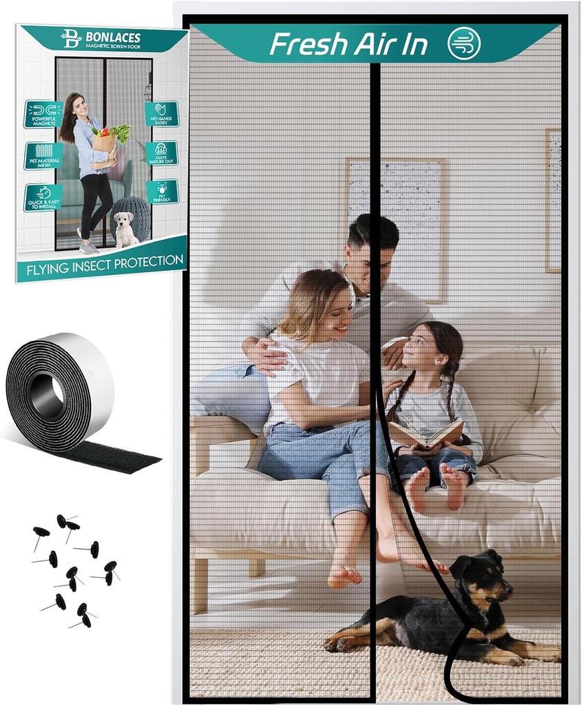 Magnetic Screen Door with Upgraded PET Material Mesh- Easy Installation, Tear-Resistant, Pet and Kid Friendly Screen 33“X98 Fit Door Size 30"X96"