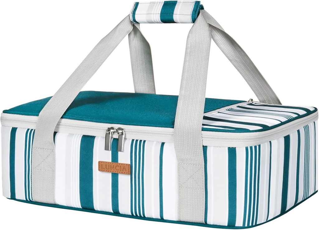 LUNCIA Insulated Casserole Carrier for Hot or Cold Food, Lasagna Lugger Tote for Potluck Parties/Picnic/Cookouts, Fits 9"x13" Baking Dish, Green