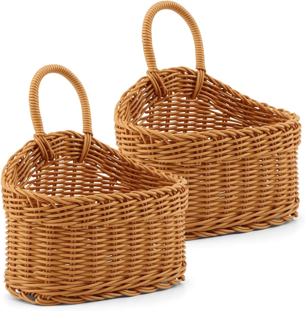 EKDJKK 2 Pcs Plastic Hanging Storage Baskets, Pantry Simulate Wicker Basket, Wall Mount Basket with Hook, Decorative Baskets for Organizing, Small Woven Baskets for Kitchen Bathroom(Brown)