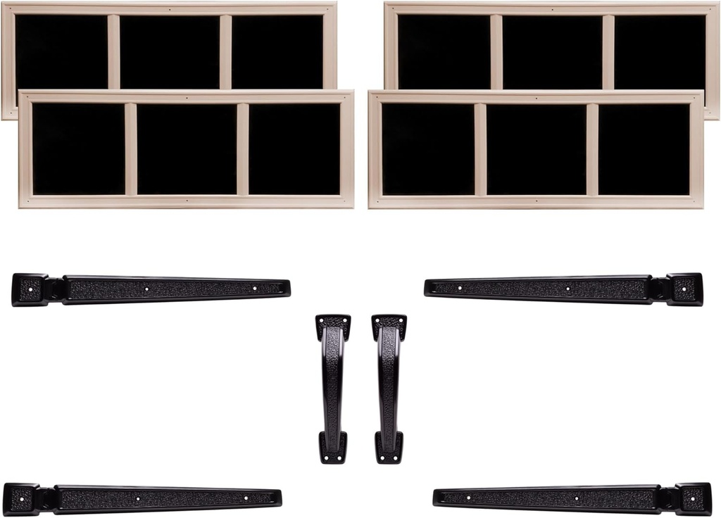 Coach House Garage Door Bundle | Heritage Window Kit & Signature Hardware Kit | 4 Sandstone Faux Windows, Black Handles & Hinges | Made in USA