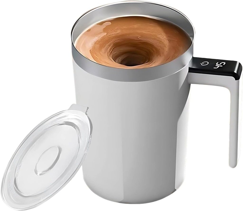 Coffee Mug Self-Stirring Electric Rechargeable, 316 Cup with Steel Stainless LCD Display Temperature, White, Type-C Charging, Ideal for Tea, Coffee, Hot Chocolate