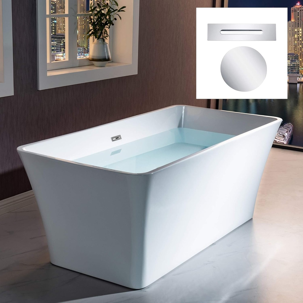 WOODBRIDGE 59" Acrylic Freestanding Bathtub Contemporary Soaking White Tub with Chrome Overflow and Drain，BTA1509 -C-Drain &O