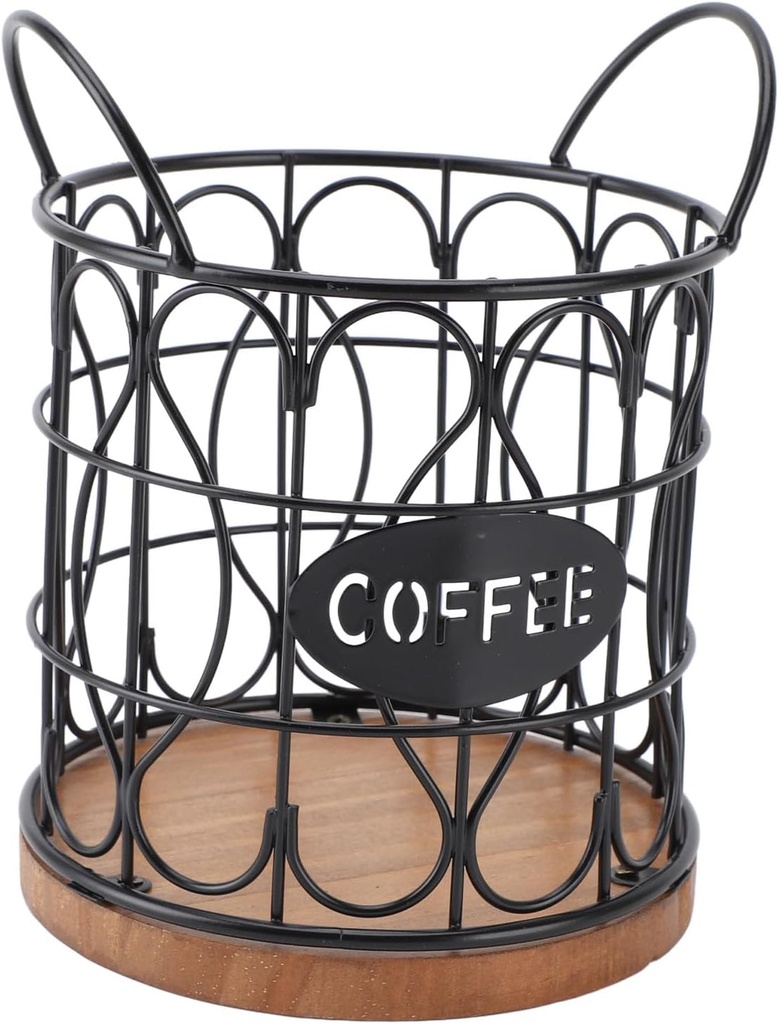 Coffee Pod Holder, Wire Metal Countertop Coffee Pod Basket Round Decorative Tea Bag Sugar Capsule Holder with Wooden Base for Cafe Kitchen Bar Organizer (Black)