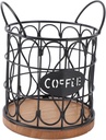 Coffee Pod Holder, Wire Metal Countertop Coffee Pod Basket Round Decorative Tea Bag Sugar Capsule Holder with Wooden Base for Cafe Kitchen Bar Organizer (Black)