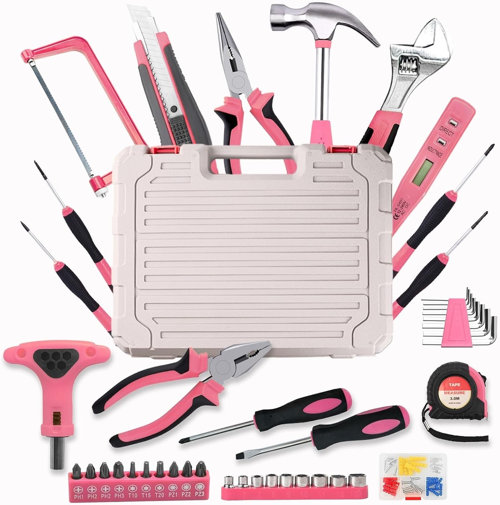 103Piece Pink Tool Set,Household DIY Tool Box for Women With Storage Case,Home, Office and College Dorm Toolkit of Starter Basic Ladies Tools