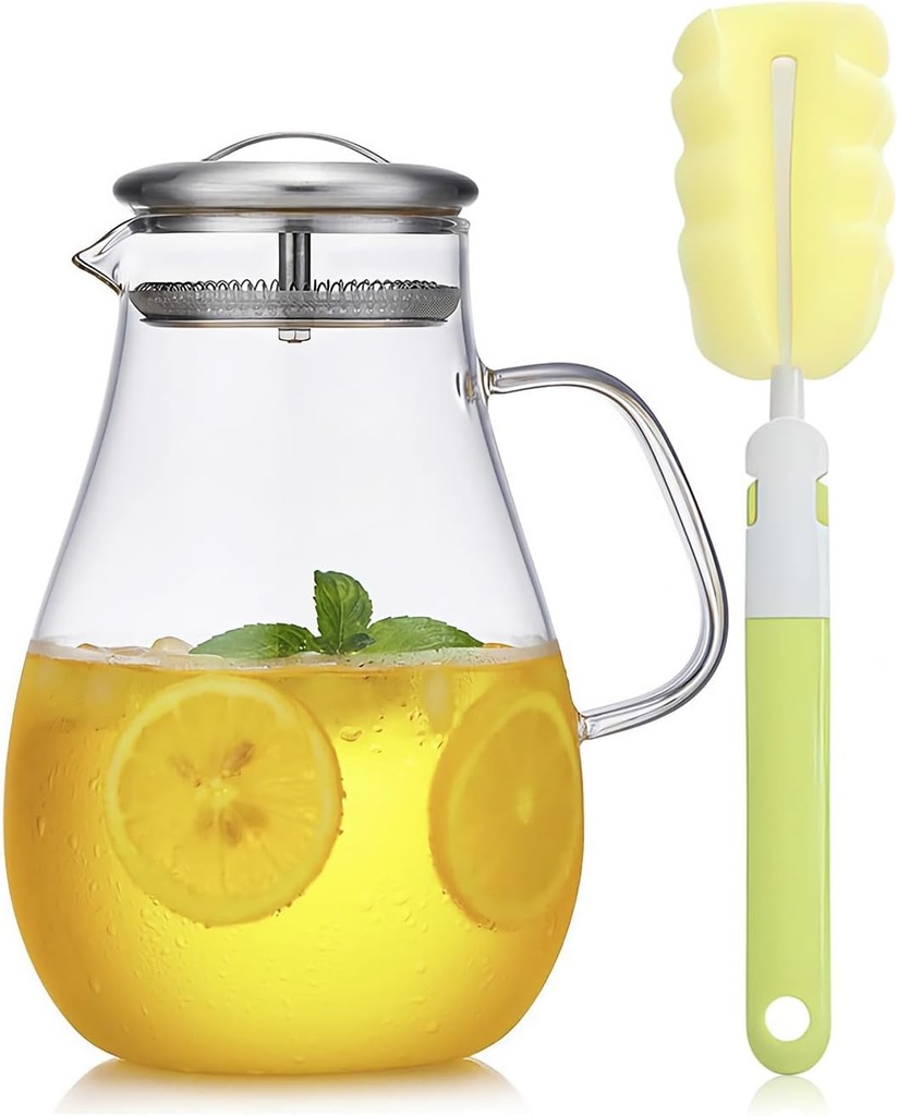 Kingrol Carafe Glass Jug 64 oz, Iced Tea Pitcher with Lid & Spout Filter, Cold & Hot Water Decanter for Juice, Drinks, & Beverages, Dishwasher Safe