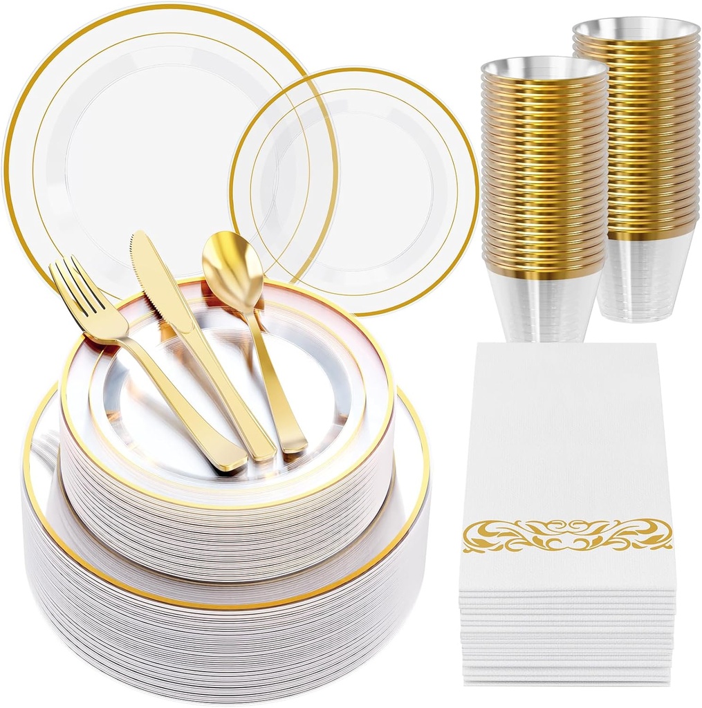 FOCUSLINE 350 Count Clear Dinnerware Set for 50 Guests- Clear Plastic Plates with Gold Rim, Includes Disposable 50 Dinner & Salad Plates, Cups, Napkins and Cutlery Set