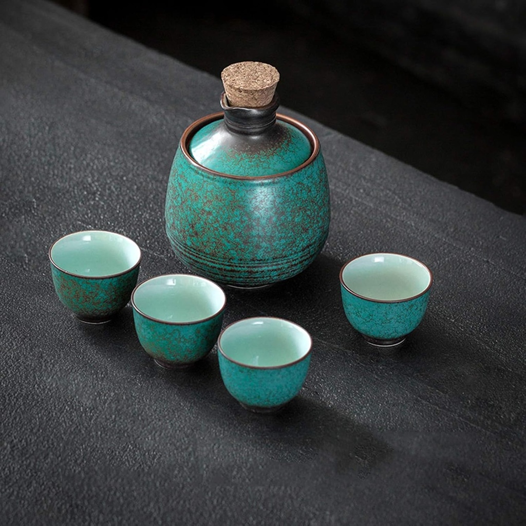 Ceramic Sake Set, Ceramic Sake Set with Warmer,4 Sake Cups, Serving Carafe & Warmer Bowl (A 7pcs)