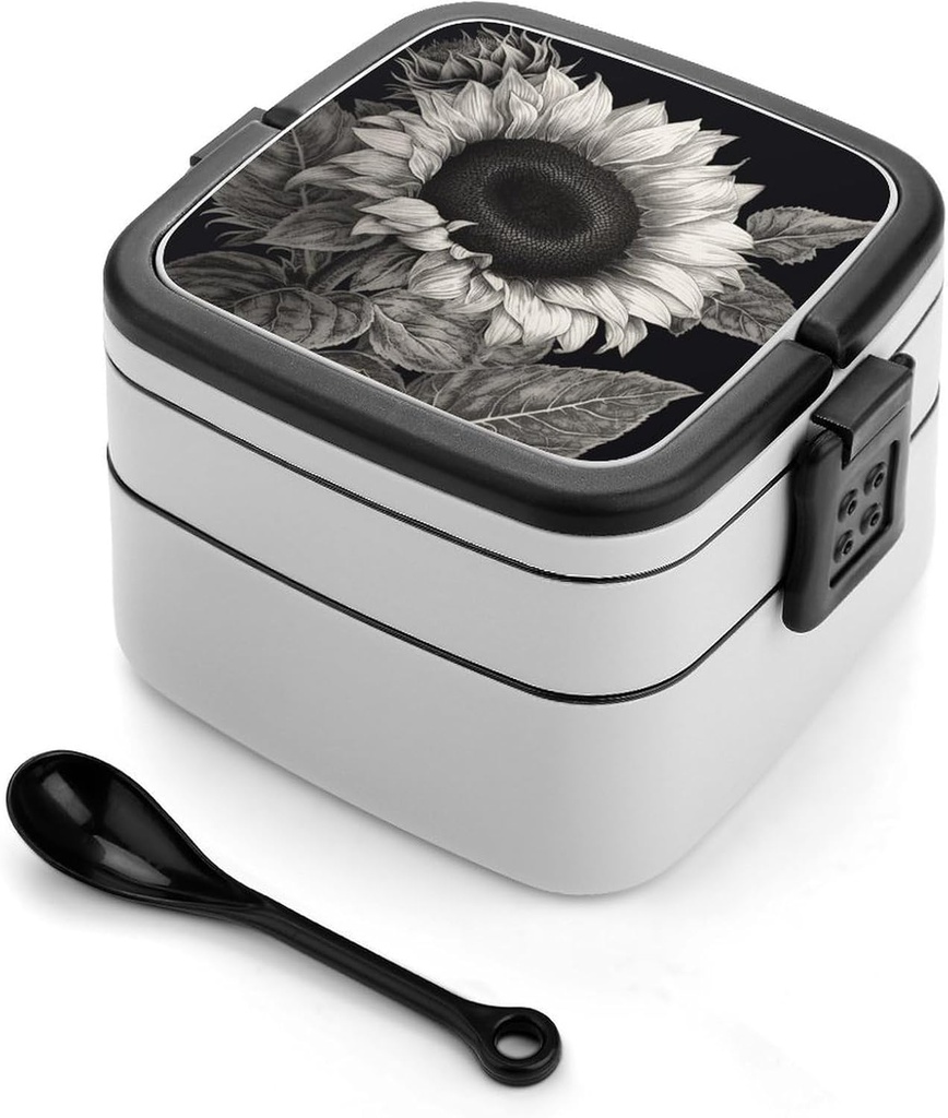 Sunflower Black Grey Bento Box with Spoon, 2-layer Stackable Lunch Box Leak Proof with Invisible Handle, Insulated Food Storage for Office, Picnic & Travel