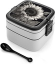 Sunflower Black Grey Bento Box with Spoon, 2-layer Stackable Lunch Box Leak Proof with Invisible Handle, Insulated Food Storage for Office, Picnic & Travel