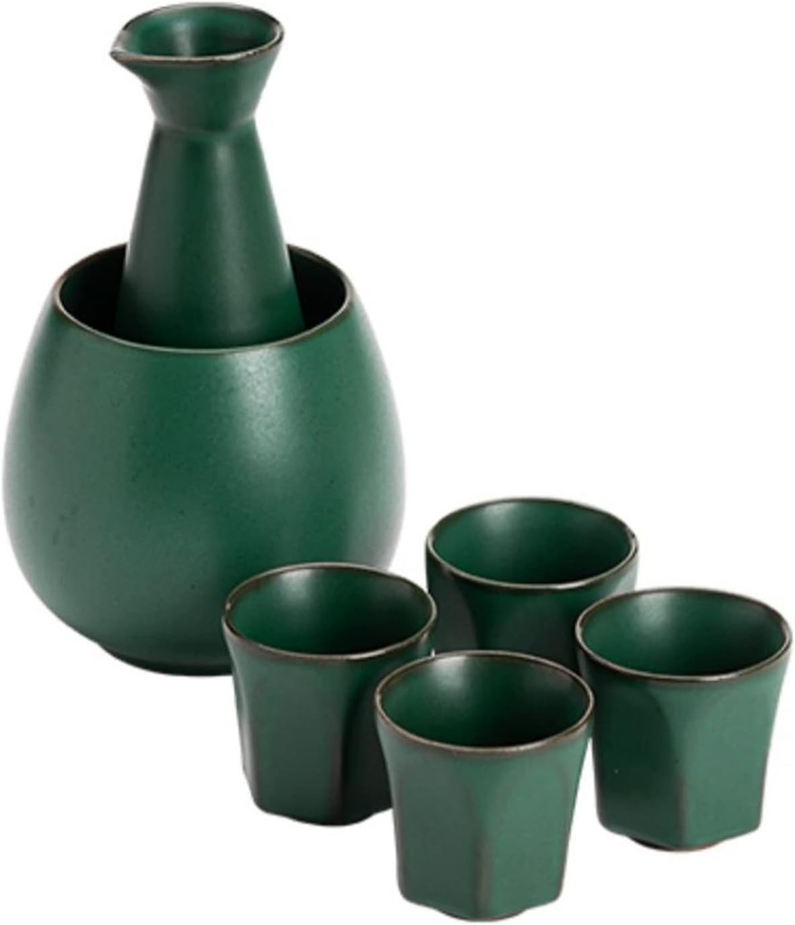 Sake Cup Set*6 Pieces Sake Set, Dark Green Retro Style Ceramic Sake Cups Set, Elegant Design Best Gift for Family and Friends, with Warming Pot and 4 Sake Cups, 1 Sake Pot Mugs, Onecolor