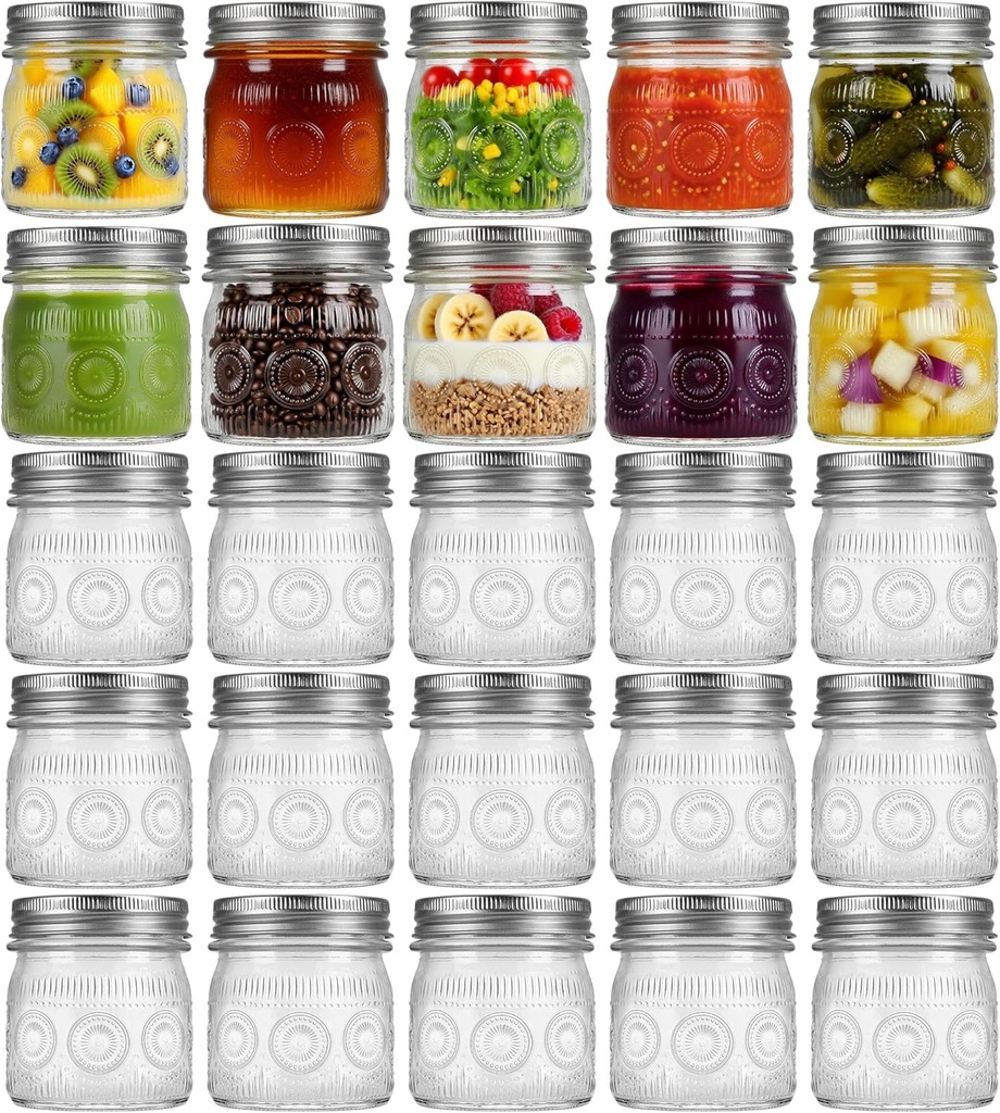 8 oz Mason Jars with Regular Airtight Lids - 24 Pack Small Mason Jars for Jam, Honey, Baby Foods, Overnight Oats, Spices, Herbs, Salads, Candles, Dessert, Party Favors, Half Pint Size Canning Jar