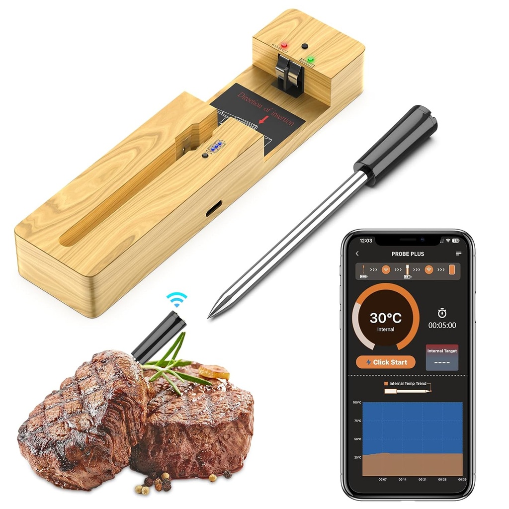Wireless Meat Thermometer Bluetooth with Ceramic Probe for Grilling/Cooking/BBQ - Waterproof Digital Oven Food Thermometer, 600Ft Range & Smart App Compatibility iOS/Android/Air Fryer