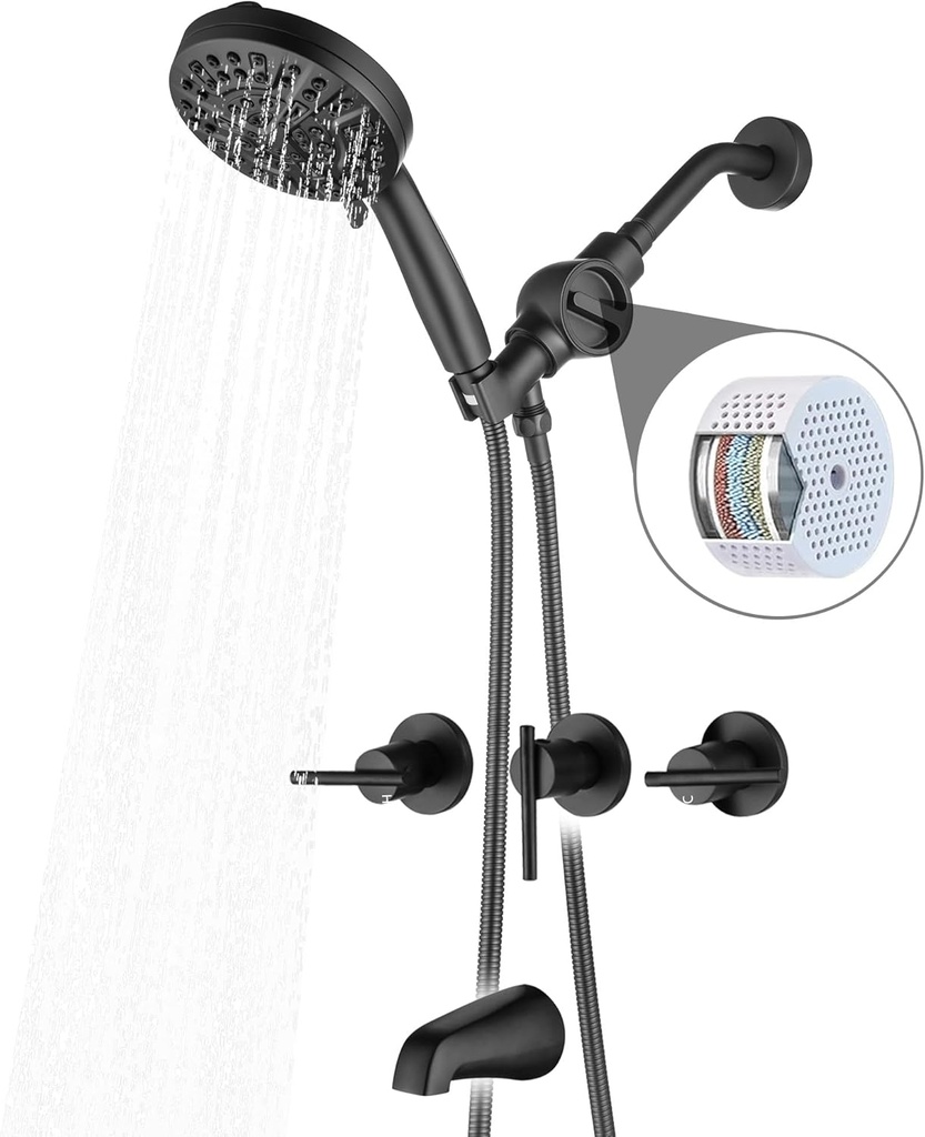 3 Handle Tub Shower Faucet Shower Head Holder with Filter Matte Black Bathtub Shower Faucet Set with Tub Spout, Wall Mounted