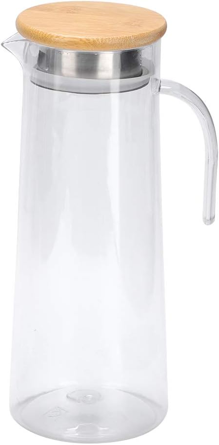 Acrylic 1.2L Water Pitcher with Lid, Transparent Juice Bottle Beverage Serveware Water Carafe for Iced Tea Juice Beverage Milk, Cold Water Pitcher Jug for Home Bar Party(Wood Cover)