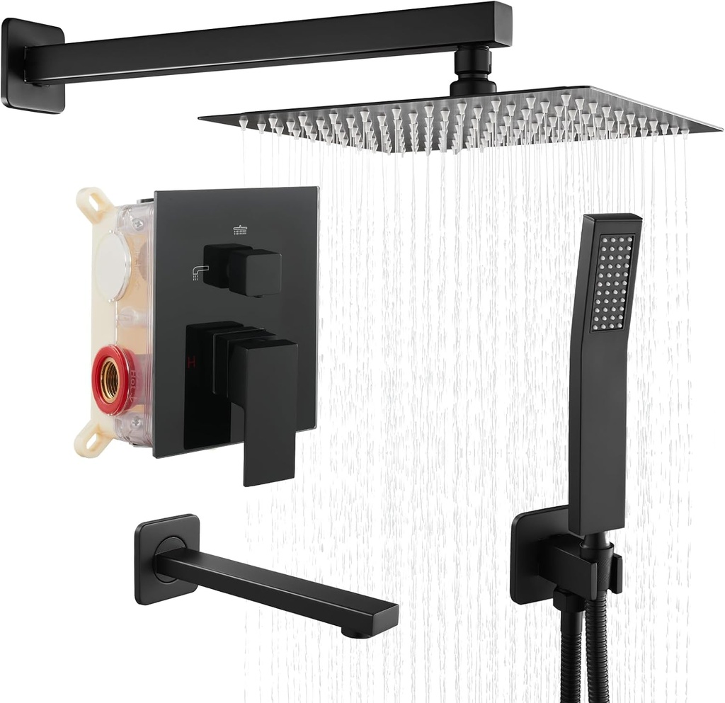 Rainfall Shower System with Tub Spout, 10 inch Rain Shower and Handheld, Shower Faucet Set Complete Rough-in Valve and Trim Kit Included, Black