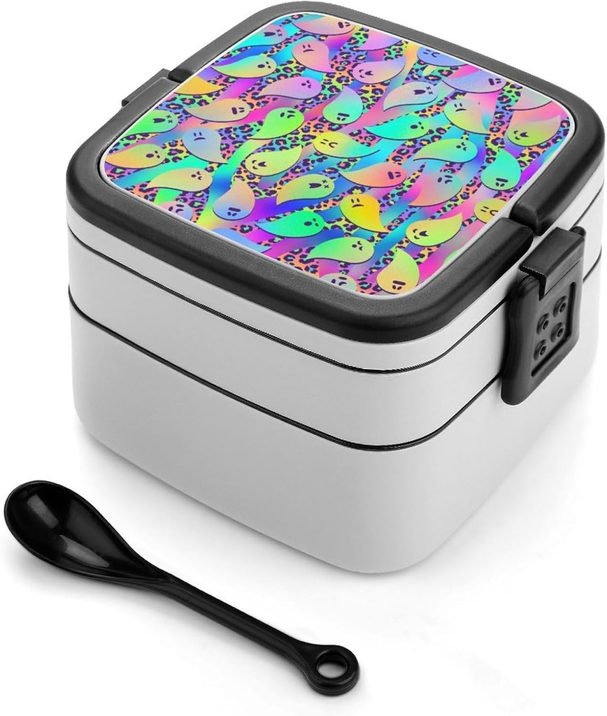 Colorful Neon Ghost Leopard Print Bento Box Portable Double-layer Lunch Box with Spoon Unisex For Work Picnic Travel