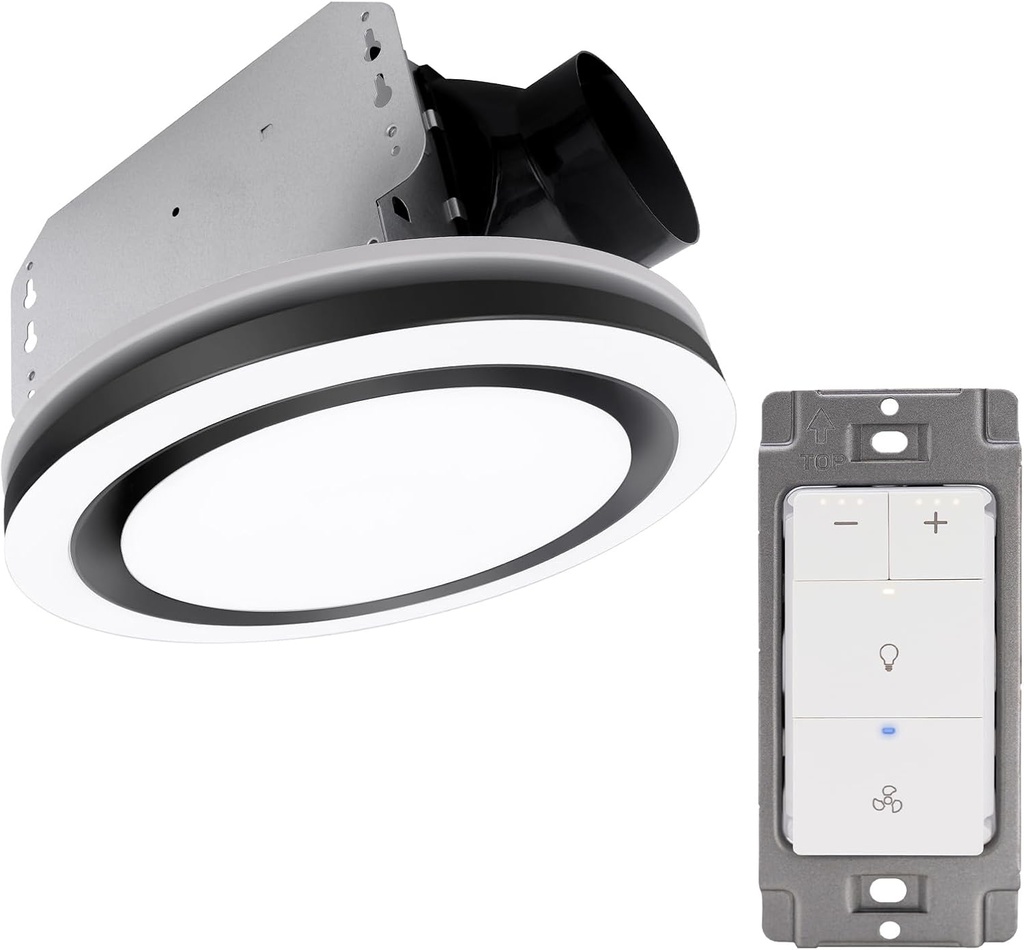 Akicon Bathroom Exhaust Fan with Light, 90 CFM, 1.5 Sones Bathroom Vent Fan and Light Dimmer Switch Combo, 15W Dimmable 3CCT LED Light with 5W Night Light Ventilation Fan for Home, Round, Black