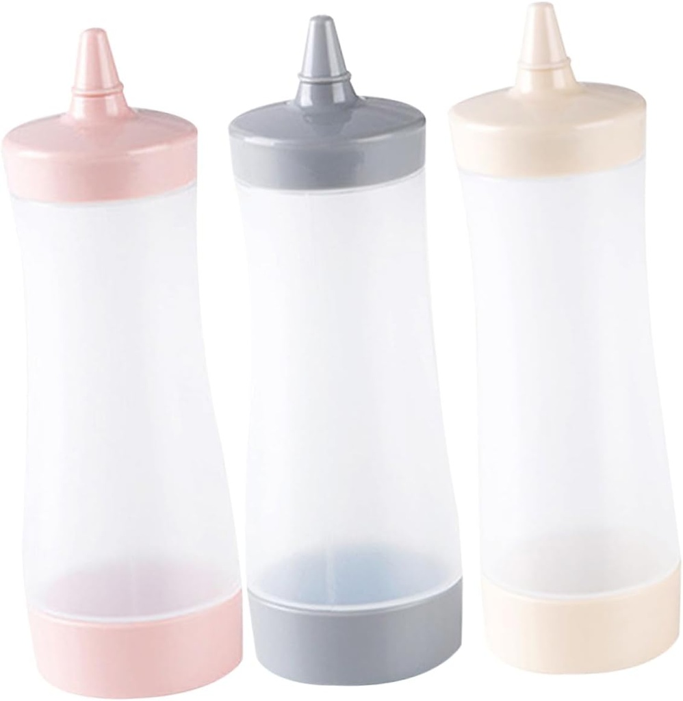 OUNONA 3Pcs Plastic Sauce Dispensers with Removable Nozzles Flexible Squeeze Bottles for Salad Dressing Ketchup Oil Vinegar Mustard Beige Grey Pink Kitchen Accessories