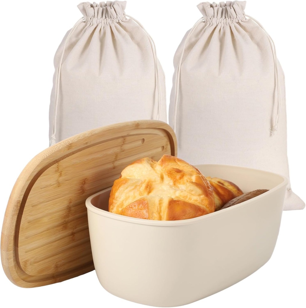 Bread Box With Wooden Lid And 2 Bread Bags, Practical And Stylish Bread Storage With Oilproof Lining For Freshness,
