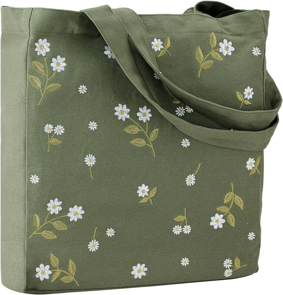 Aliceset Aesthetic Embroidery Tote Bag for Women Floral Reusable Canvas Cute Shoulder Bag for Gym Shopping