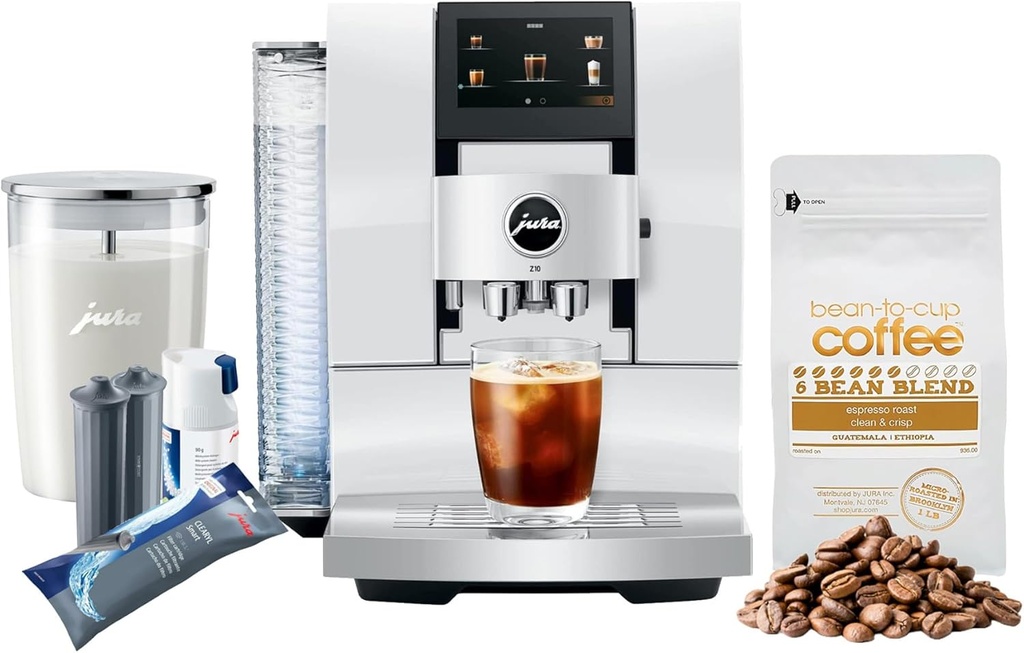 Jura Z10 32 Specialties Automatic Coffee Machine (Diamond White) Bundle with Glass Milk Container, 6 Bean Blend Espresso Roast, Milk System Cleaner Mini-Tabs and 2 Smart+ Filter Cartridges (6 Items)