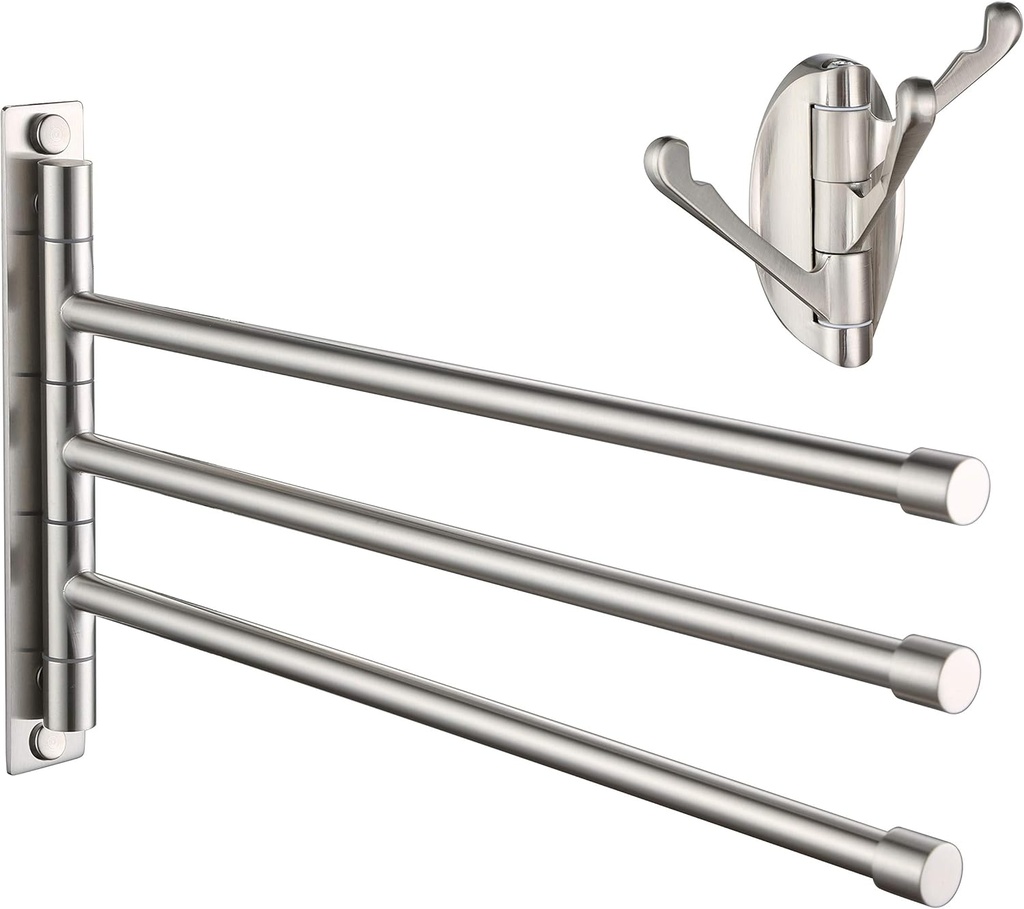 Swivel Towel Bar with 3 Arms, Bigger Swivel Hook Heavy Duty Folding Wall Mounted Towel Rail Stainless Steel Towel Rack Towel Holder Storage Organizer GJ3001A
