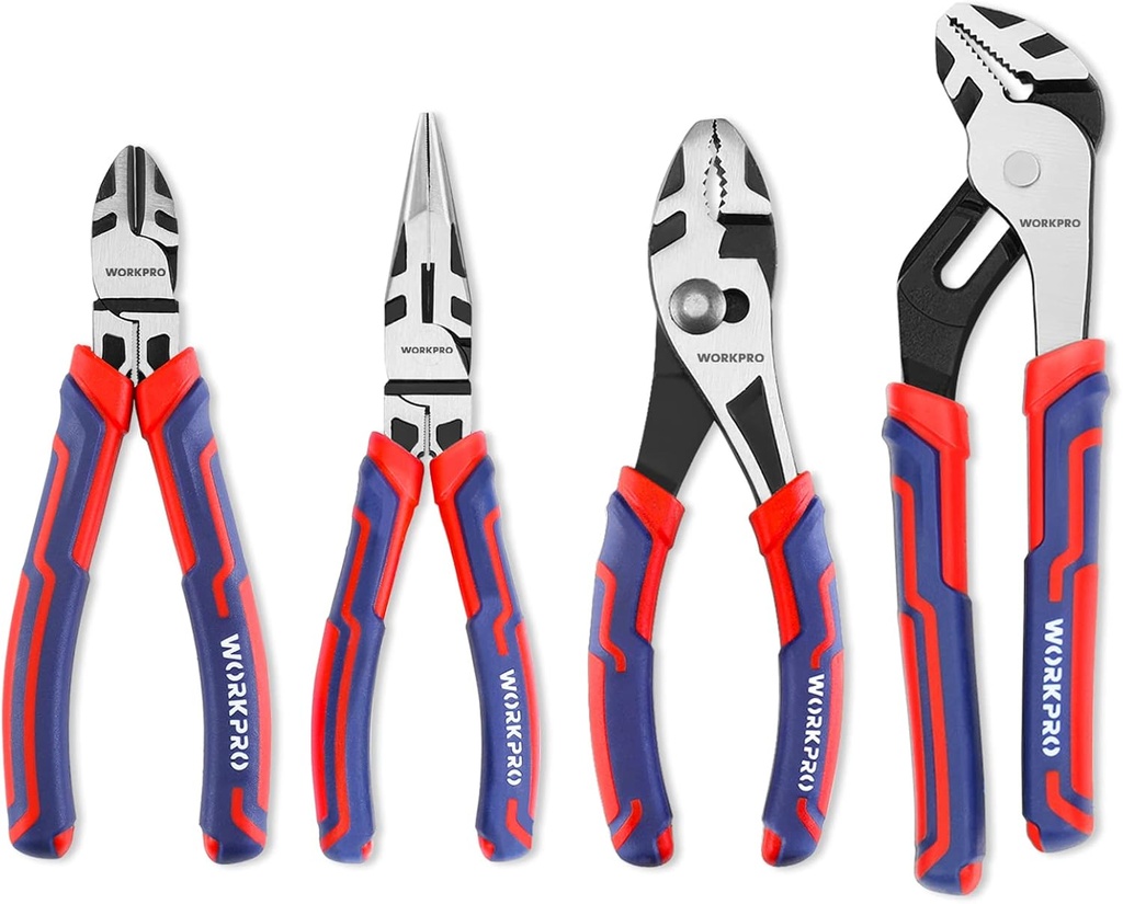 WORKPRO 4-Piece Pliers Set - Premium CR-V Construction Tool Set Including Long Nose, Diagonal Cutting, Groove Joint and Slip Joint Pliers - Red