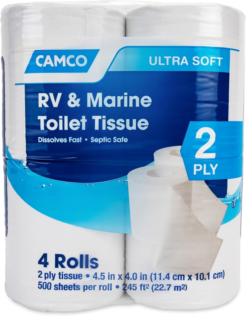 Camco Marine & RV Toilet Paper — 2-Ply — Septic Safe — Dissolves Fast — Dye & Fragrance Free — 4-Rolls (500 Sheets Per Roll) (40274)