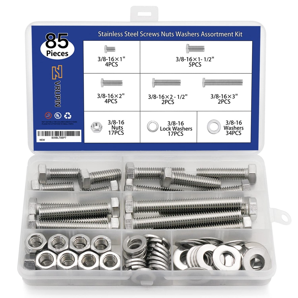 85PCS Nuts and Bolts 3/8-16 x 1”, 1-1/2”, 2”, 2-1/2”, 3” Carbon Steel Hex Nuts and Bolts Assortment Kit Hardware Screws Assortment Kit (5 Different Sizes)