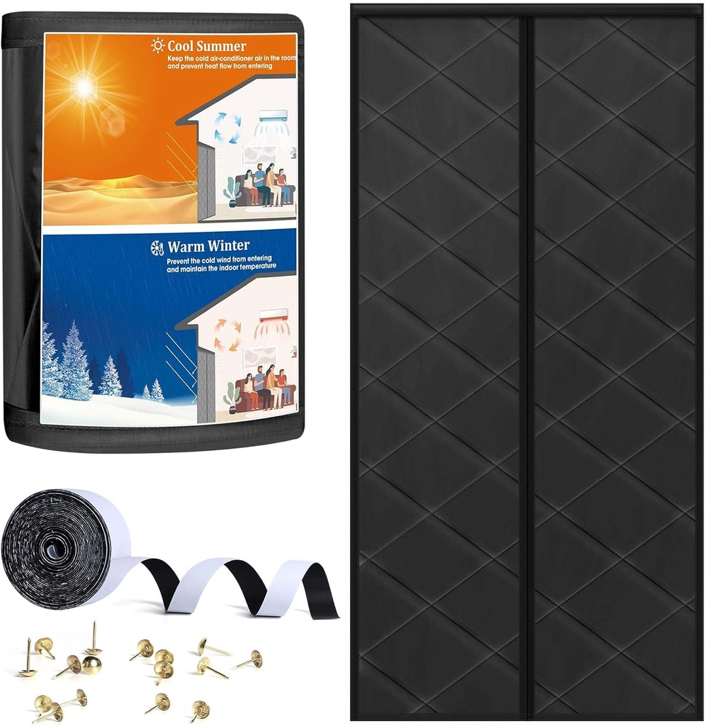 Magnetic Thermal Insulated Door Curtain, Door Insulation Cover Screen for Doors Size 36" x 82", Durable Oxford Cloth & Thicken Polyester Fiber Fill for Garage Attic Doorways Hallway, Black