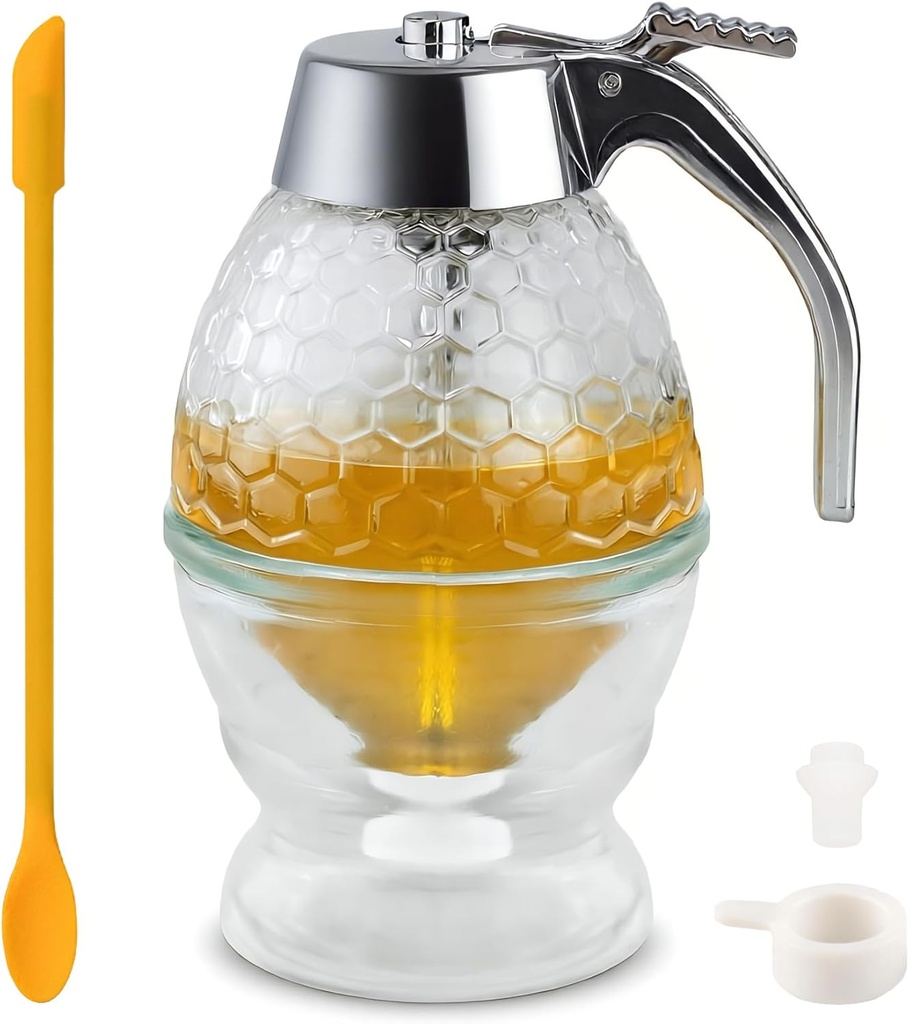8-Ounce Drip Free Glass Honey Jar, Dispenser, Equipped With a Spoon, Stand,And Honeycomb Decoration Suitable for Maple Syrup, Honeycomb Syrup Server and Bee-themed Storage Tank