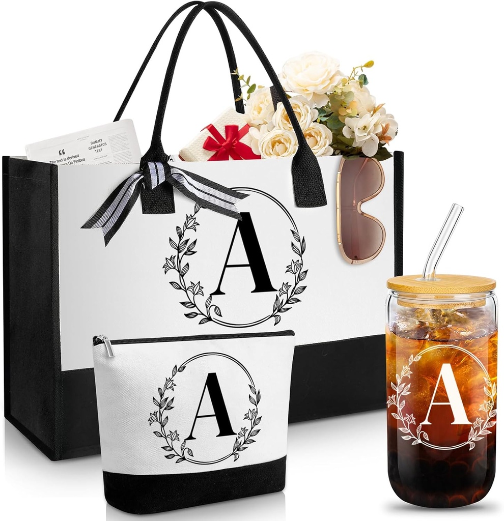Aliceset Initial Gifts for Women Monogrammed Canvas Tote Bag with Zipper Pockets Reusable Grocery Bags and Glass Straws Cup(Letter A)