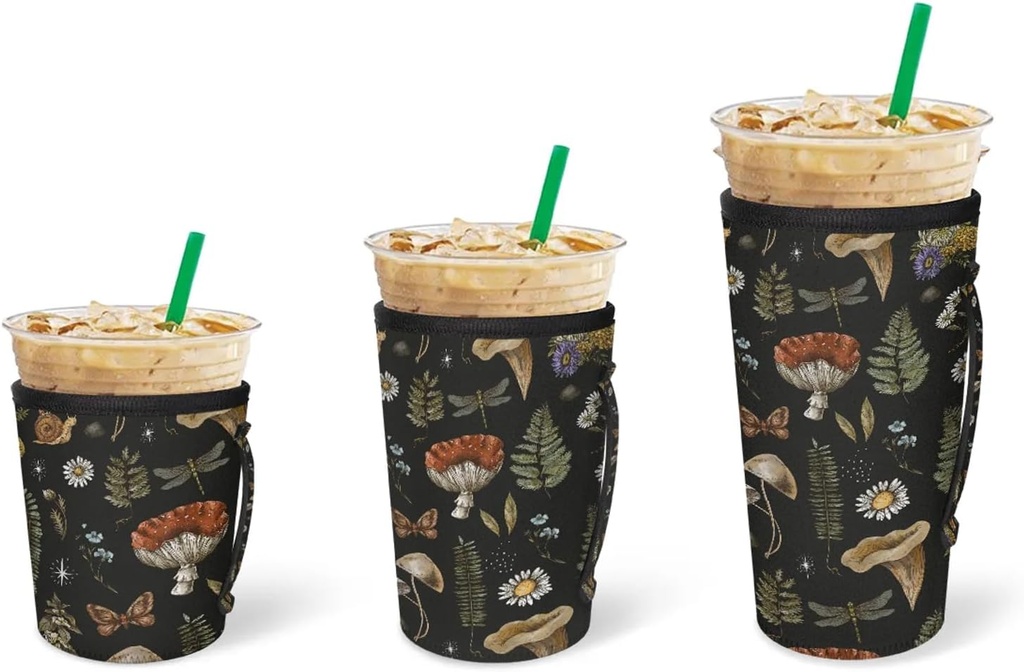 Reusable Iced Coffee Cup Sleeve - Insulated Neoprene Drink Sleeve for Cold and Hot Beverages Coffee Coolies Insulator Sleeves with Handle Beverage Holder (Black Mushroom)