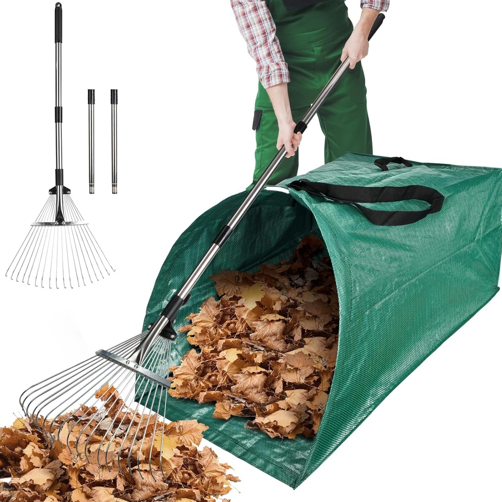 60Gallon Leaf Collector and Adjustable Metal Rake Set,Detachable 18 Tines Leaf Rake with Dustpan-Type Leaf Bag,Leaves Pick up Tool Set,Lawn and Leaf Collector Tool Kit for Lawn Yard Leaves,Shrub,Grass