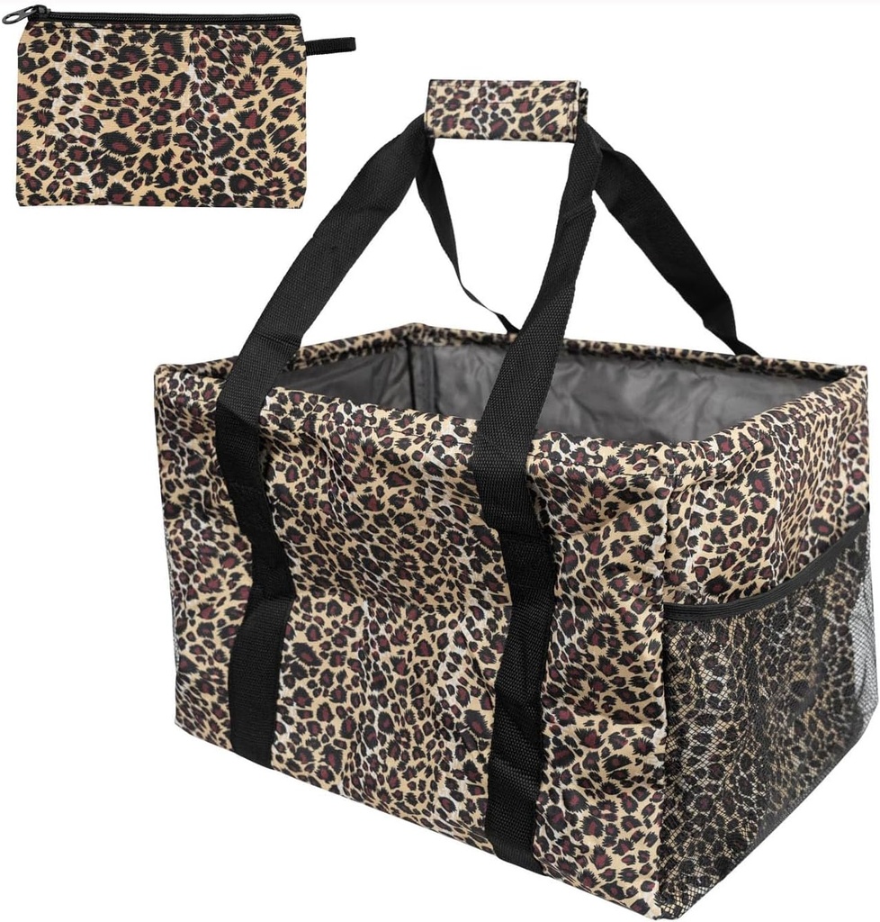 Extra Large Utility Tote Bag - Oversized Collapsible Tote with Wire Frame, Durable Reusable for Beach, Groceries, Laundry, Car Trunk, Storage and Travel - Includes 5x7 Bag with Hook - Leopard