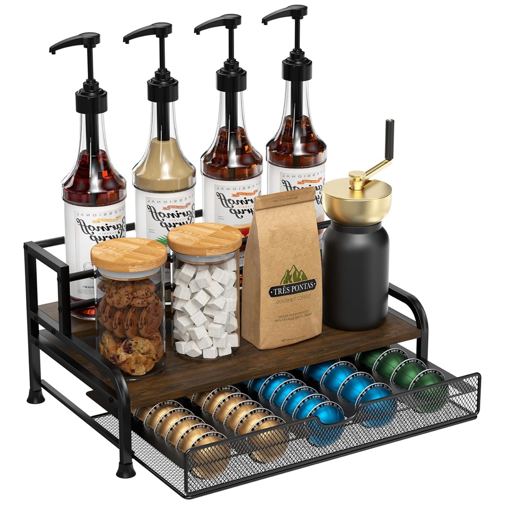 Coffee Syrup Rack Organizer, 3-Tier 8 Bottles Syrup Rack with Pod Holder Drawer for Nespresso Pods, Holds up to 30 Big or 40 Small Capsules, Countertop Coffee Bar Organizer for Kitchen Cafe