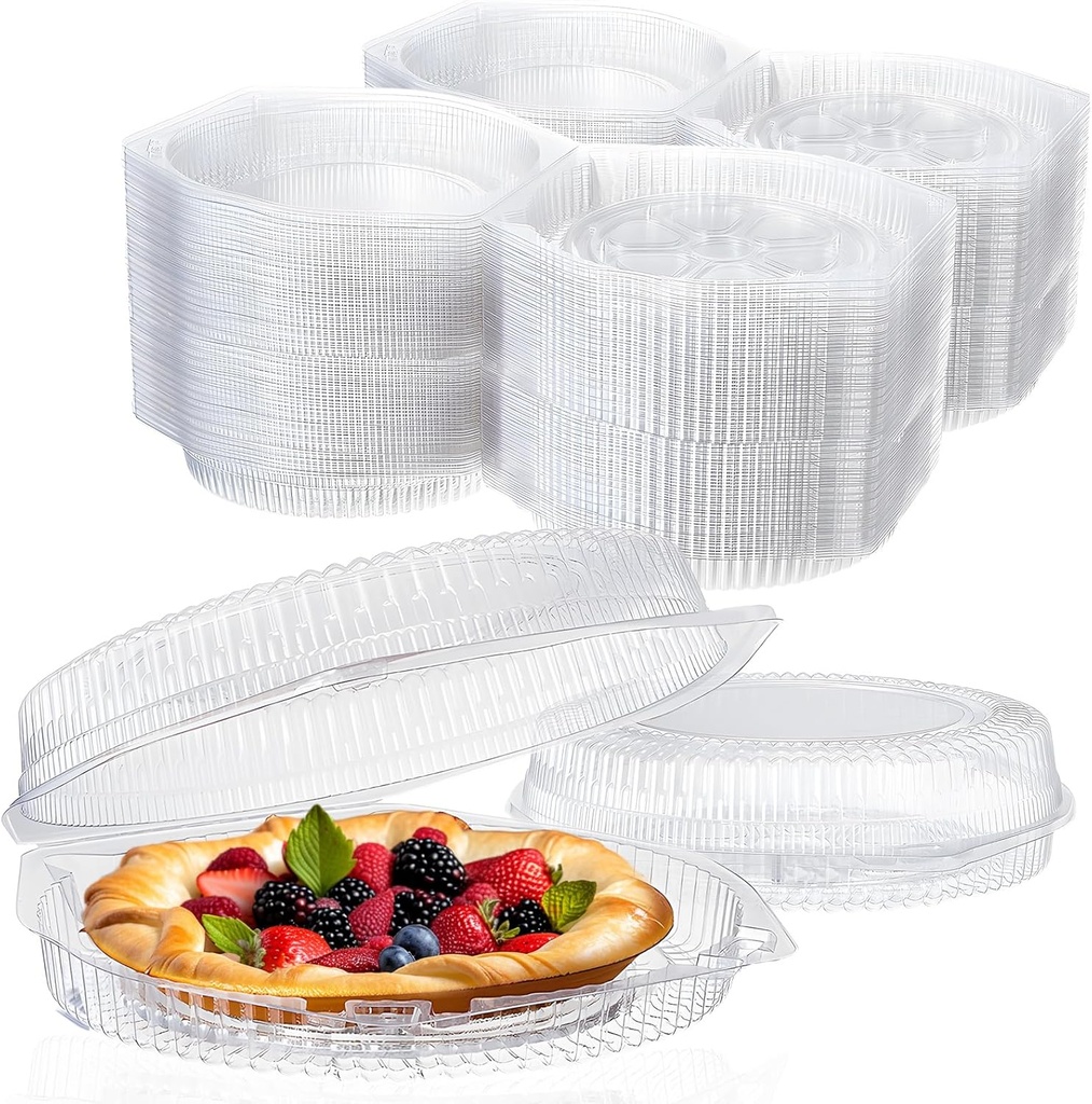 Soaoo 100 Pcs 9'' Plastic Disposable Pie Containers with Hinged Locking Lids Clear Flan Containers with Lids Round Pie Keeper Dessert Containers for Takeout Boxes Food Cake Doughnut Flan Storage