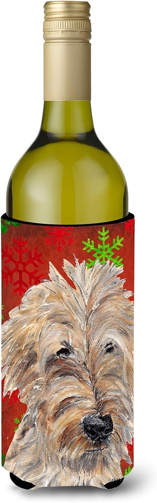 Caroline's Treasures SC9591LITERK Golden Doodle Red Snowflakes Holiday Wine Bottle Hugger Bottle Cooler Sleeve Hugger Machine Washable Collapsible Insulator Beverage Insulated Holder
