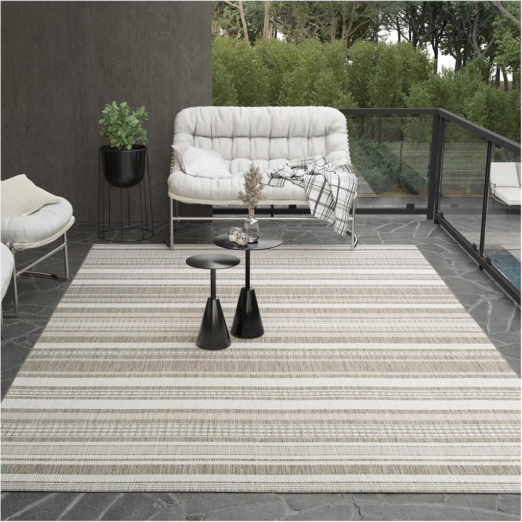 Couristan Recife Indoor Outdoor Rug - Gazebo Stripe 7'6" x 10'9" Rectangle in Ivory and Taupe, Low Pile, Hose Washable, Pet- Kid Friendly Home Decor for Living Room, Patio Furniture Set, Kitchen