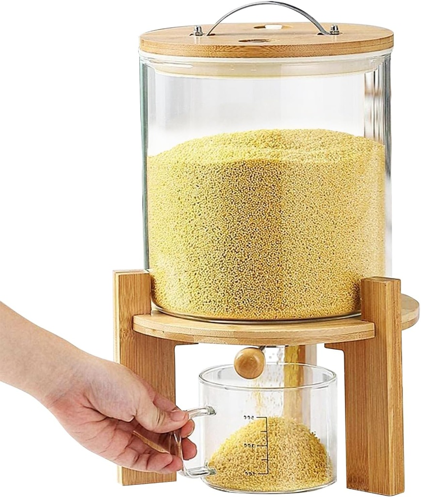 Rice Storage Container, Glass Rice Dispenser with Wood Stand for Kitchen Organization, Cereal Container with Measuring Cup, Ideal for Pantry Storage and Organization, Optional Capacity