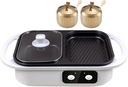 Electric Shabu Hot Pot BBQ Plate, Electric Contact Grills with Divider Control 650w + 650w Power, Griddle Hotpot, Rinse Left Side And Bake The Right Side,white