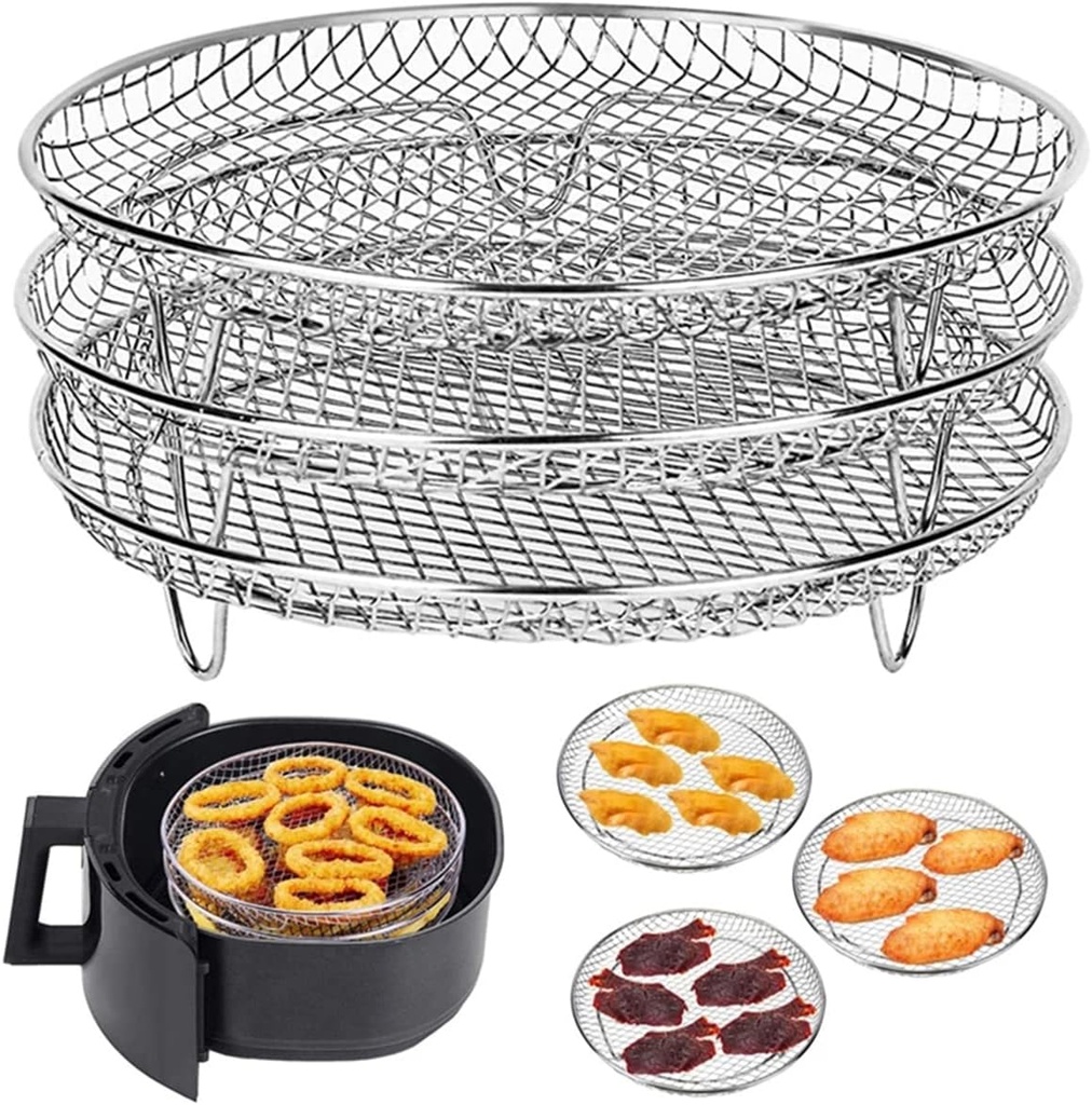 8 inch Round Air Fryer Racks 3 Layers Stackable Dehydrator Rack, 304 Stainless Steel Bacon Air Fryer Accessories for Ninja, Oven, Double Drawer Basket Grill Rack, Ninja Foodi Grill (A)