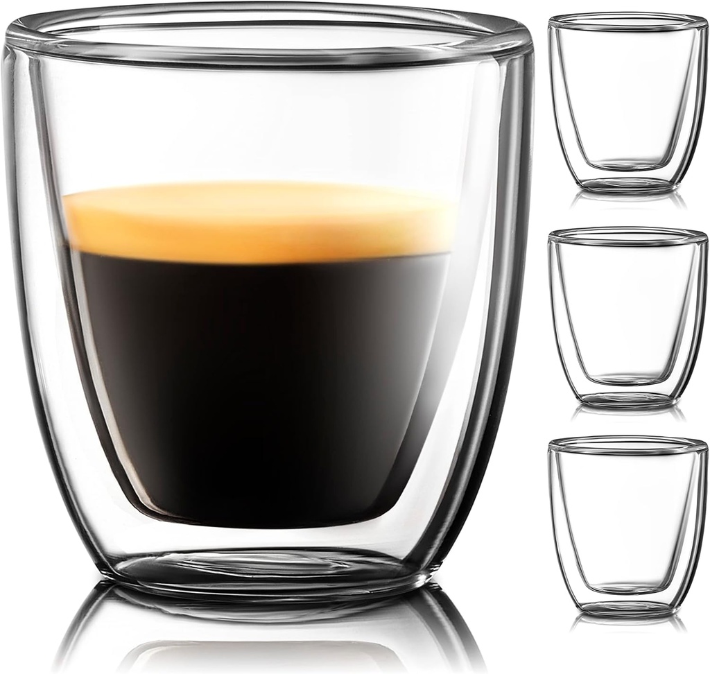 Glass Espresso Cups Set of 4 - Double Walled Espresso Cup 2.7 OZ - Wide Italian Style Clear Doppio Espresso Cup - Double Espresso Cups - Espresso Accessories Small Double Wall Expresso Coffee Cup