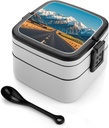Alpine Snowy Mountain Bento Box Leak-Proof Double Layered Lunch Containers with Spoons And Invisible Handle, Portable Lunch Boxes for Work Picnic Travel