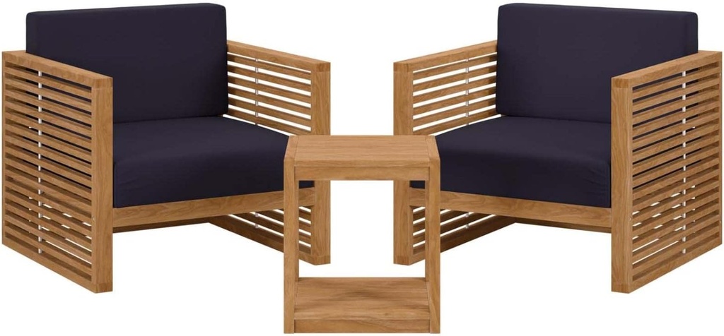 Modway Carlsbad 3-Piece Teak Wood Outdoor Patio Set in Natural/Navy