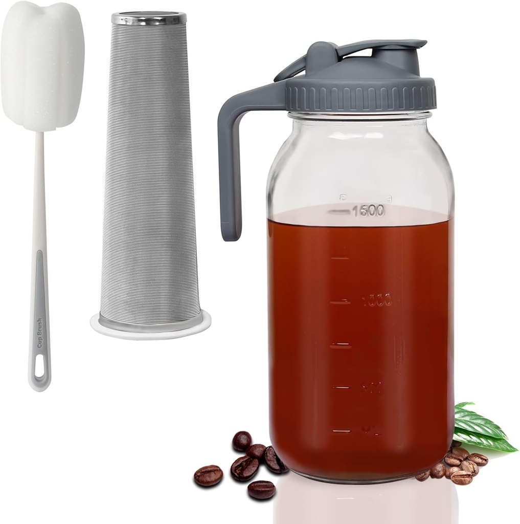 Cold Brew Coffee Maker, Iced Tea Maker, 64 Oz(2 Quart) Wide Mouth Glass Mason Jar Pour Spout Lid with Stainless Steel Filter for Iced Coffee, Ice Lemonade, Fruit Drinks